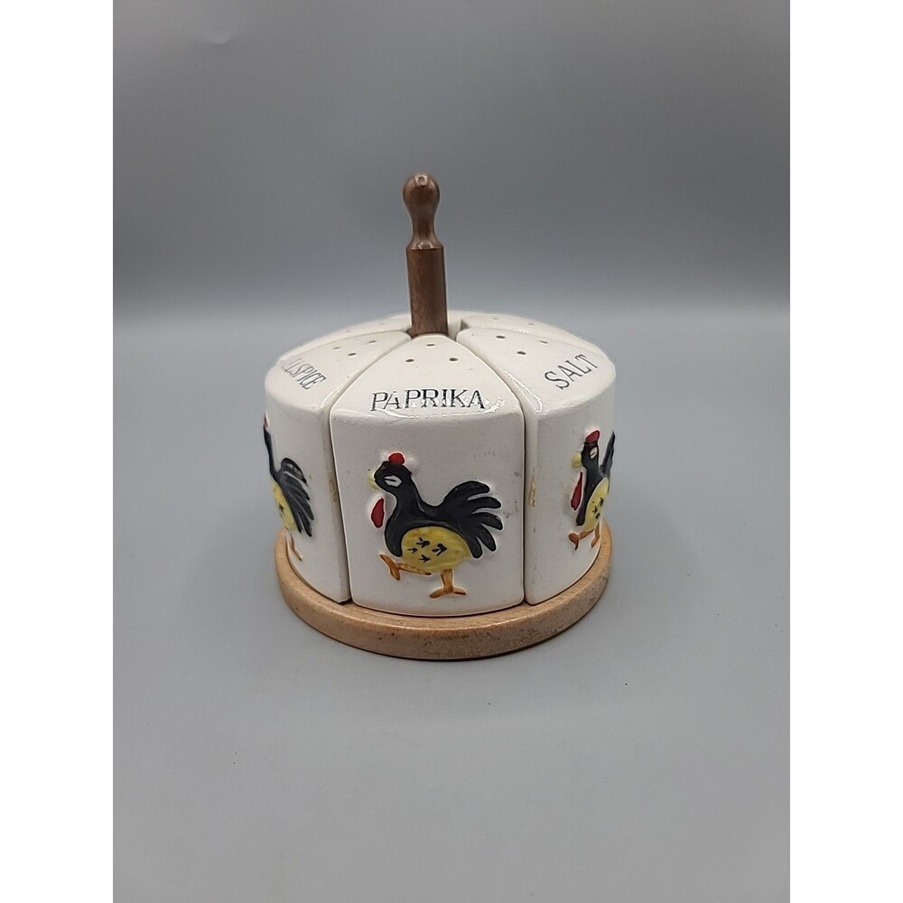 Vtg Handpainted Ceramic Rooster Spice Jars 6 Round Caddy Japan